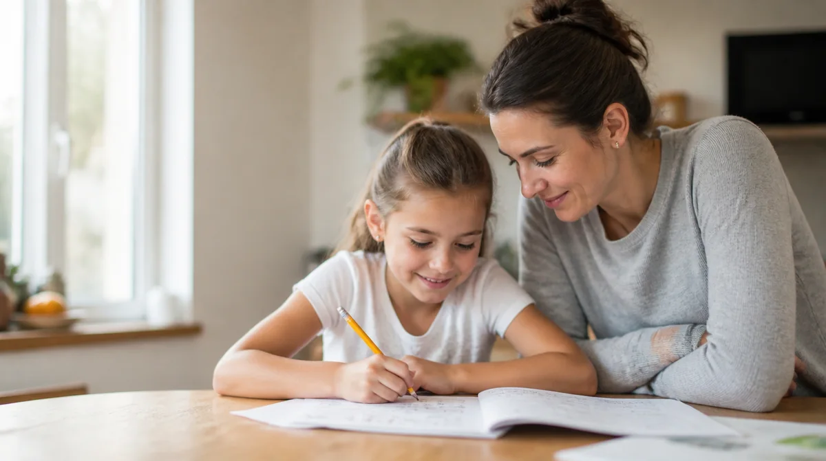 Mutter und Tochter am Küchentisch, das Kind schreibt lächelnd ins Heft